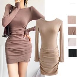 Casual Dresses Fashion Style Stylish Ruched Round-Neck Long-Sleeved Dress All-Match Solid Color Slim Fit Looking Hip-Wrapped Underwear Short