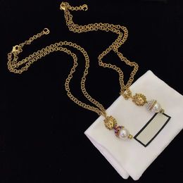 Luxury Designer Fashion pendant Necklace Gold Lion Head Pearl Brass material for women's party birthday gift Jewellery High quality with box