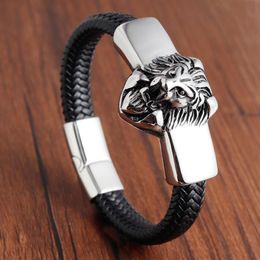 Lion Leather Rope Men Bracelet Stainless Steel Magnetic-clasp Cowhide Braided Multi Layer Wrap Trendy Armband pulsera hombre187a