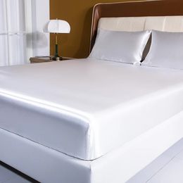 White High-End Rayon Satin 4pcs Fitted Sheet Set Silky Solid Colour Bed Sheet Elastic Band Sheets Smooth Bedsheet Mattress Cover 240410