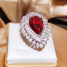 Cluster Rings 925 Silver Elegant Pigeon Blood Temperament Red Diamond Water Drop Full Zircon Ring Female Party Wedding Birthday Gift