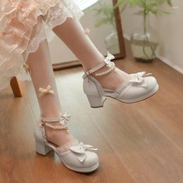 Dress Shoes Pumps Spring And Autumn Style Sweet Lolita Butterfly Buckle Beading Thick Heel Women's High 5cm Plus Size 30-44