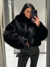 Fur Elegant Black Fake Fur Short Coat For Women Fashion V Neck Long Sleeve Warm Plush Jacket New Winter Chic Female Outerwear