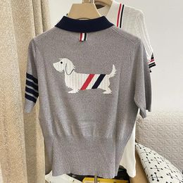 Women's Polos Grey Colour Thin Polo Shirts For Women Cartoon Knit Four Striped Tee Summer Crop Tops Clothing Mujer