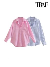 TRAF-Striped Loose Shirts With Pocket for Women Long Sleeve Button-up Blouses Chic Tops Female Fashion 240424