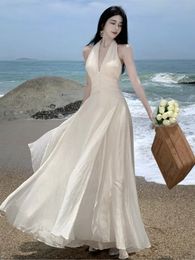 Summer Sleeveless Halter Long White Maxi Dress Elegant Tight Waist V-neck Beach Robes Du Soir Evening Dresses Wedding Prom 240424