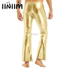 Men's Pants Adult Mens Shiny Metallic 70s Disco Pants with Bell Bottom Trousers Flared Bell Pants Flared Long Pants Dude Costume Clubwear d240425