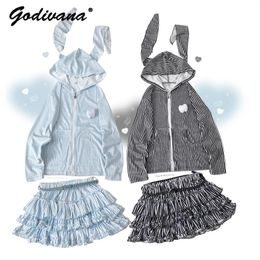 Work Dresses Original Design Japanese Mine Striped Hooded Sweatshirt Loose Zipper Hoodie And Cake Skirt 2 Piece Girls Sweet Outfits