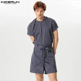 Men's Shorts INCERUN 2024 American Style Men Jumpsuits Stylish Stripe Design Short Sleeved Leisure Streetwear Rompers S-5XL