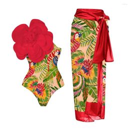 Women's Swimwear Red 2024 Sexy Woman One Shoulder 3D Flower Piece Swimsuit Sarong Holiday Retro Designer Bathing Suit Beach Cover Up
