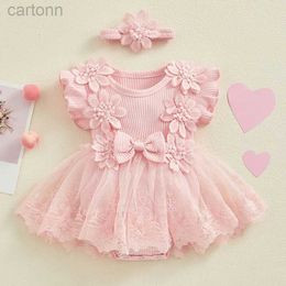 Girl's Dresses BeQeuewll Baby Girl 2 Piece Outfits Mesh Lace Patchwork Ruffle Romper Dress and Headband Cute Fashion Summer Clothes d240425