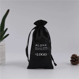 Bags 50PCS Hair Extension Packaging Satin Bag Custom Logo Print Fabric Bag 12x24/15x30/15x45cm Wigs/Makeup Gift Drawstring Bags