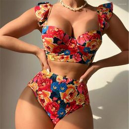 Women's Swimwear Floral Bikini Ruffles Top Push Up Swimsuit High Waist Bottom Women 2024 Trend Beach Outfit Bikinis Set Bather Swim Suit
