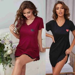 Sexy Pyjamas Summer Sexy Women Sleepwear Lace Hem Nightdress V-Neck Short Sleeve Pyjama Nighties Nightgown Nightwear Side Split Skirt d240425