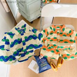 Clothing Sets Mini Summer Childrens Clothing Set Wave Beach Set Cool Girl T-shirt and Shorts 2PCS Set Q240425