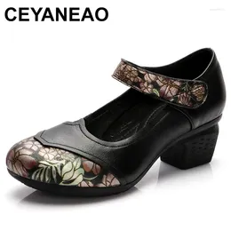 Dress Shoes Retro Comfortable Calico Print Leather Patckwork Metal Buckle Hook Loop Chunky Heel Pumps Ladies Woman Mid