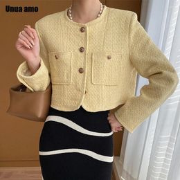 Women's Jackets Long Sleeve High Waisted Cropped Jacket Women Spring Autumn 2024 Trend Simple Elegant O-neck Woven Tweed Wool Blend Coat