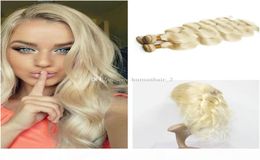 Blonde Human Hair Weaves With 360 Full Lace Band Frontal Brazilian 613 Platinum Blonde Body Wave 3Bundles With 360 Lace Frontal C3327954