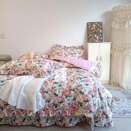 Bedding Sets Korean Style Vintage Rose Flowers Printed Lace Ruffles Pure Cotton Girl Set - 1 Duvet Cover Bed Sheet 2 Pillowcases