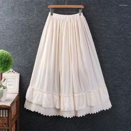 Skirts Women's Japanese Style Mori Girl Sweet Lace Embroidery Cotton Linen Loose Skirt Elastic Waist Casual A-line Summer