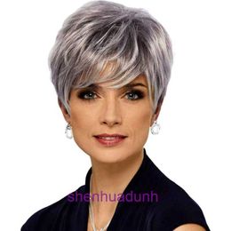 Genuine hair wigs online store Wig New gradient silver Grey womens Short oblique bangs wig