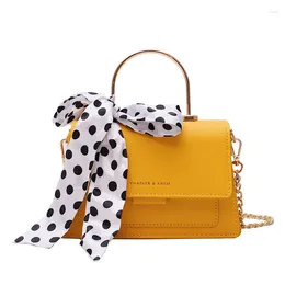 Shoulder Bags 2024 Arrivals Women PU Leather Bag Yellow Solid Color Sewing Design Fashion Girl's Silk Scarf Decoration Chain