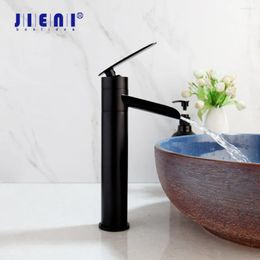 Bathroom Sink Faucets JIENI Matte Black Basin Faucet Solid Brass Deck Monuted Waterfall Unique Design & Cold Water Mixer Tap