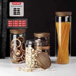 Storage Bottles Jars Wooden glass airtight cans food containers tea coffee beans kitchen storage bottles sealed floors candy Organisers H240425