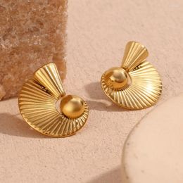 Stud Earrings Stainless Steel Creative Ball Fan-shaped Waterproof Daily For Women Stylish Texture Gold Colour Plated Jewelr