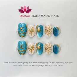 Handmade Press On Nails Blue Cats Eye Moon and Sun Design Fake Nail Full Cover Artificial Manicuree Wearable Orange Nail Store 240411