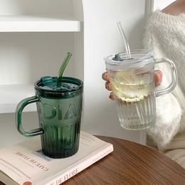 Tumblers 400ml Retro Glass Tumbler With Lid And Straw Coffee Cup Thick Mug Milk Juice Transparent/Green Mocha Cups H240425