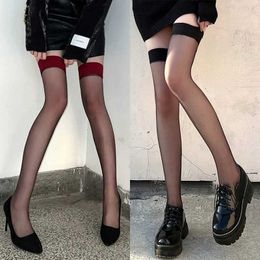 Sexy Socks Sexy Red Silk Stockings Female 2022 Korean Style over the Knee Red Edge Black Silk Transparent Colour Matching Long Tube Hold-Ups
