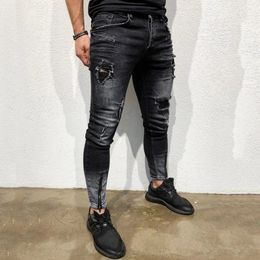 Male Stretchy Ripped Tight Fitting Jeans Destroyed Hole Slim Fit Mens Denim Pants High Quality Hip Hop Skinny Trousers 240417