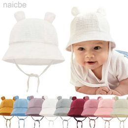 Caps Hats Newborn Baby Hat Infant MuslinBucket Hat Kids Bear Ears Summer Beach Sun Caps Boys Girls Easter Hats For Toddlers 3-12 Months d240425