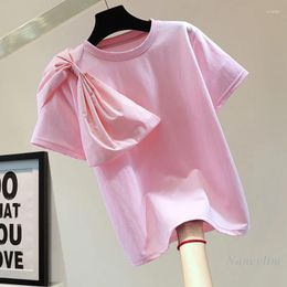 Women's T Shirts Summer Korean Style T-Shirts Loose Slimming Pure Colour All-Matching Short-Sleeved Tshirt Bow Pleated Stitching Top