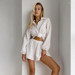 Women's Sleepwear Autumn And Winter Selling White Love Printed Pure Cotton Comfortable Long Sleeved Shorts Pajamas Two-piece Set For Home