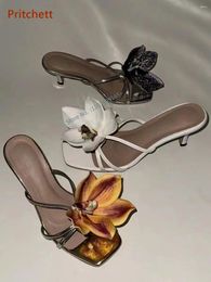 Dress Shoes Flower Kitten Heels Slippers Square Toe Slingback Slip On Twist Stiletto Mixed Colour Summer Lovely Vocation Party