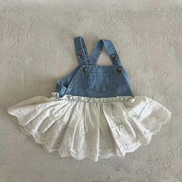 Girl's Dresses New Summer Baby Dress Toddler Denim+White Lace Stitching Cute Bear Dress Infant Outwear H240425