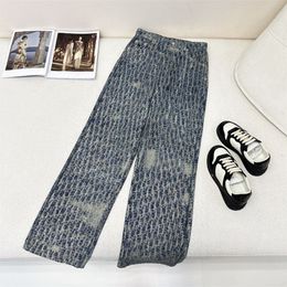 24SS Women Designer Pants Jeans With All-over Letter Pattern Buttons Female High End Milan Runway Brand Casual Jersey Jogging Outwear Denim Straight Trouser A99