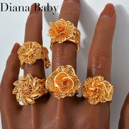Dubai Gold Colour Big Flower Rings Large Open Cuff Finger Rings Africa Bridal Jewellery Punk Gothic Gifts Daily Wear 240424