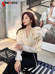 Women's Blouses High-End Retro V-neck Long Sleeve Black Beige Flowers Shirt Woman Elegant 2024 Fall Loose V Neck For Women