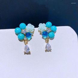 Stud Earrings Luxury Turquoise Stone Resin Flower For Women Gold Plated Handmade Beaded Jewelry