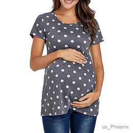 Maternity Dresses Women Pregnancy Casual T Shirt Maternity Summer Short Sleeve Dot Print Tees Tops Pregnant Tunic Blouse Maternity Clothing