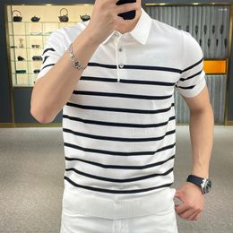 Men's Polos Summer Clothing Light Luxury Button-down Knit Polo Shirt Lapel Striped Short Sleeve Leisure Fashion Knitwear