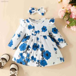 Girl's Dresses 2pcs Baby Girls Casual Long Sleeve Flower Print Dress + Free Headband Kids Dress Set Of Multicolor Options d240425