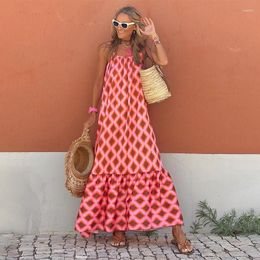 Casual Dresses Women Fashion Round Neck Holiday Beach Dress Retro Pattern Print A-Line Long Summer Sleeveless Tank Boho Party Maxi