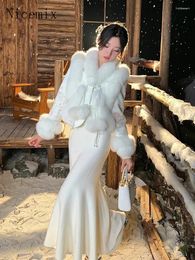 Work Dresses Chinese Style Skirts Set Winter Square Neck Embroidered Spliced Fur Coat Women Clothes Fishtail Long Skirt Two Piece