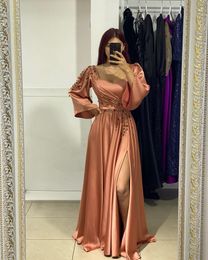 Coral Orange Muslim Evening Dresses Elegant A Line Square Neck Long Sleeves Turkish Kaftan Dress Peplum Pleats Waist Satin Split Formal Dresses For Women