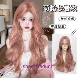 Genuine hair wigs online store Pink Wig Womens Long Hair Lolita Mid Split Octagonal bangs curly Set Natural Simulation Full Head Style