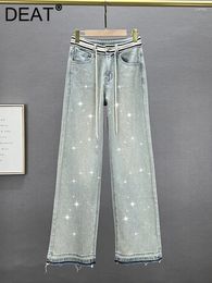 Women's Jeans Women Full Diamonds Rhinestone Drawstring Waist Solid Color Long Straight Denim Pants 2024 Summer Fashion 29L2506